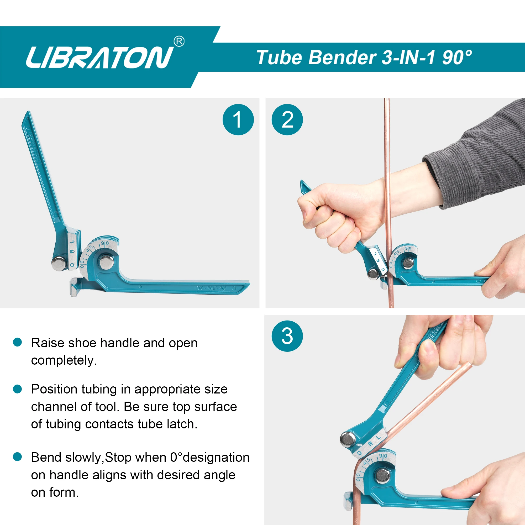 Piegatubi LIBRATON, Piegatubi, 3-IN-1, 1/4"(6mm), 5/16"(8mm), 3/8"(10mm), per tubi in rame, ottone, alluminio e acciaio sottile