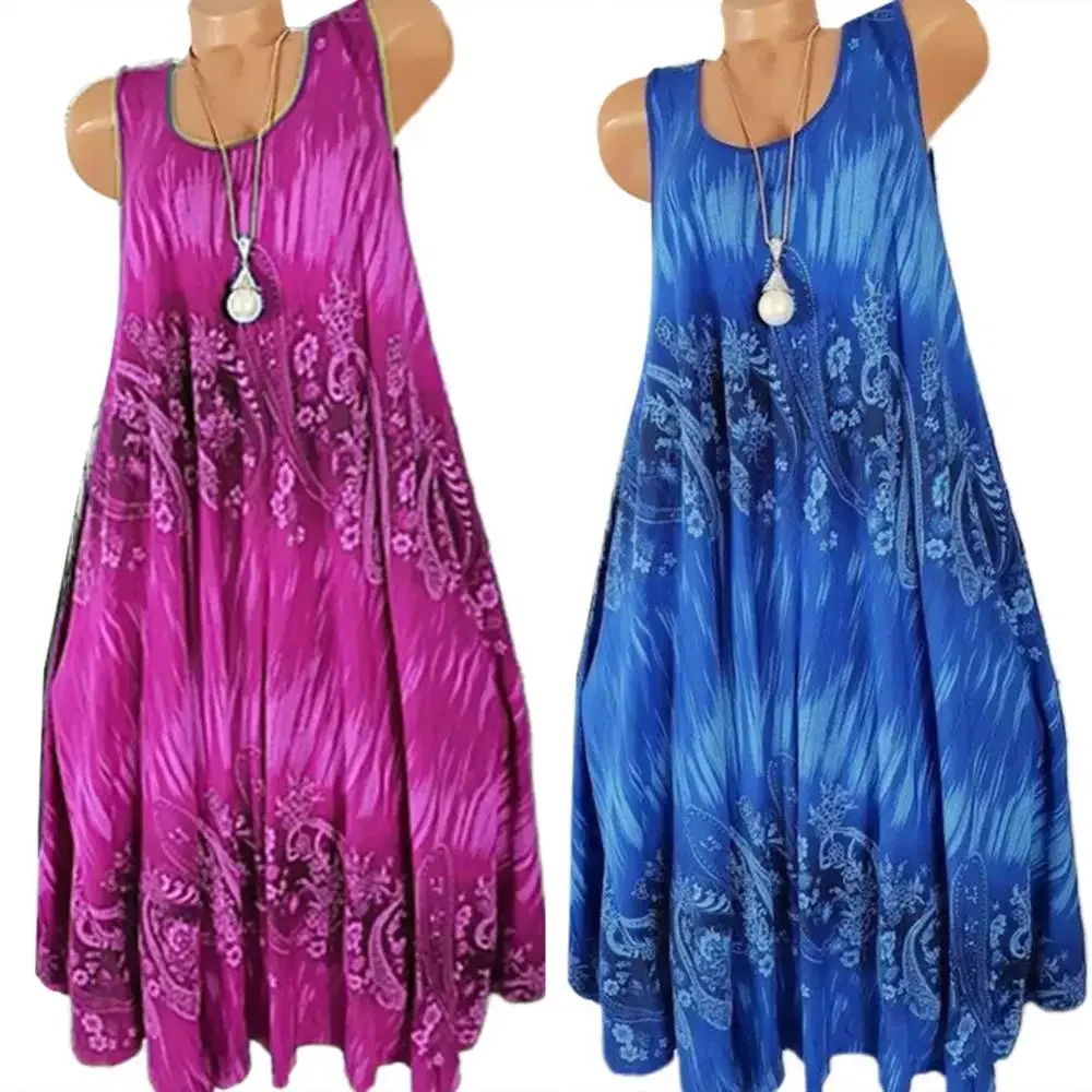 Hot Sales Women Skirt Summer Floral Print Round Neck Sleeveless Loose Pleated Plus Tank Dress for Female