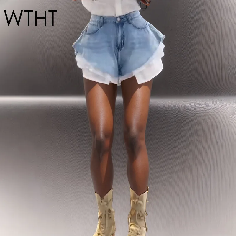 Whth nova moda feminina retalhos hem lavagem denim shorts 2025 verão na moda cintura alta a linha calças curtas femininas 1ls1393