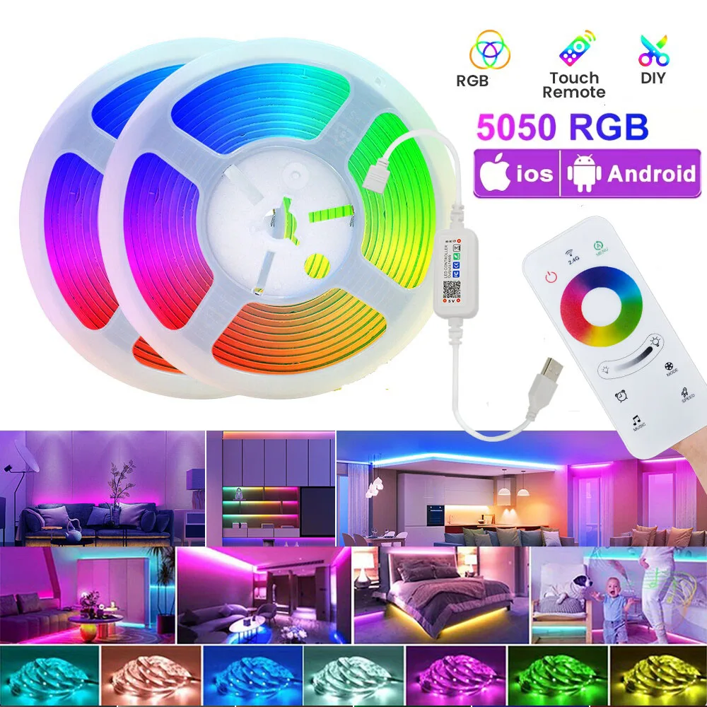 Tira de luces LED de 1-30M/100 pies, cinta LED RGB USB, tira de luces LED con Control remoto táctil Bluetooth, retroiluminación LED para TV para decoración de dormitorio