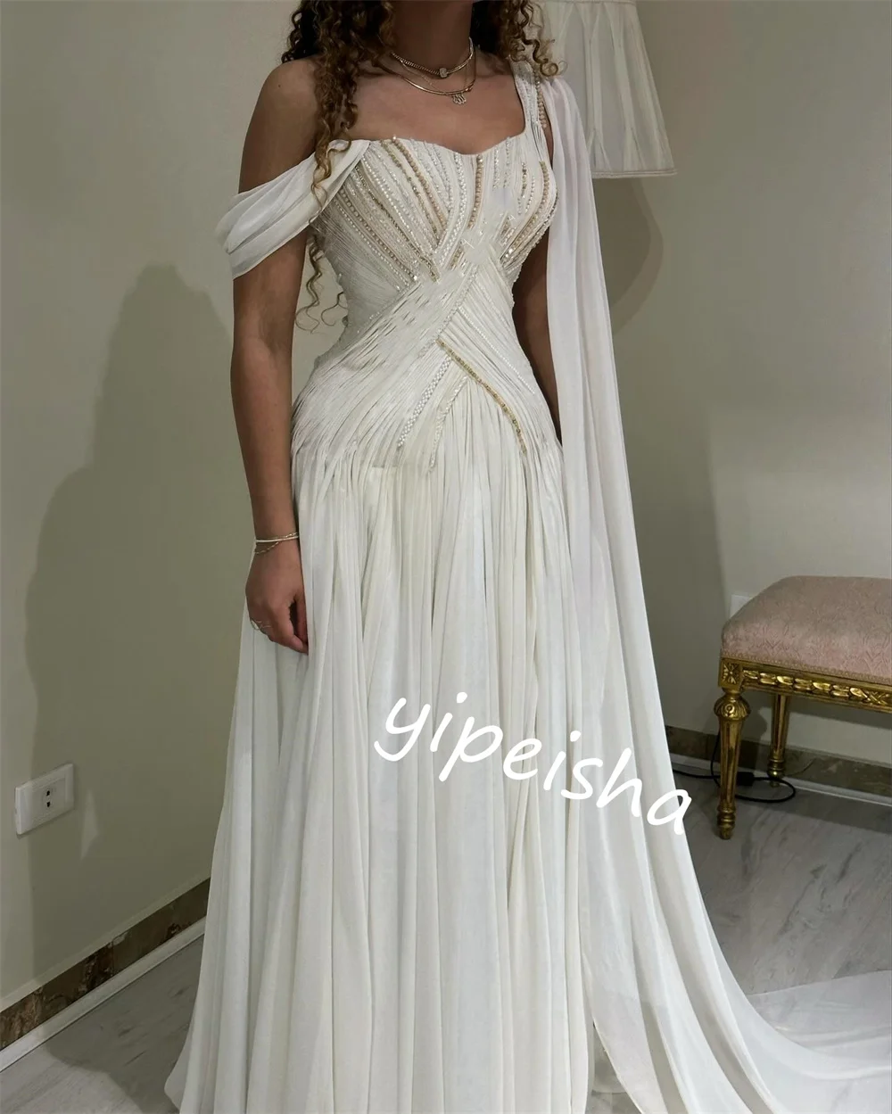 ที่กําหนดเอง Sparkle ประณีต JERSEY Beading Draped หมั้น A-Line Off-the-shoulder Bespoke โอกาสชุดยาวชุด