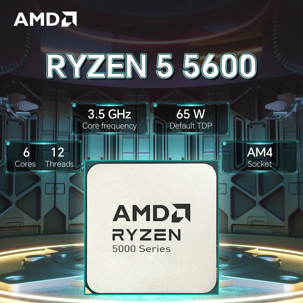 Processador CPU AMD Ryzen 5, R5 5600, 3,5 GHz, 6 núcleos, 12 thread, 7NM, L3 = 32M, 100-000000927, Soquete AM4, Sem ventilador, Novo