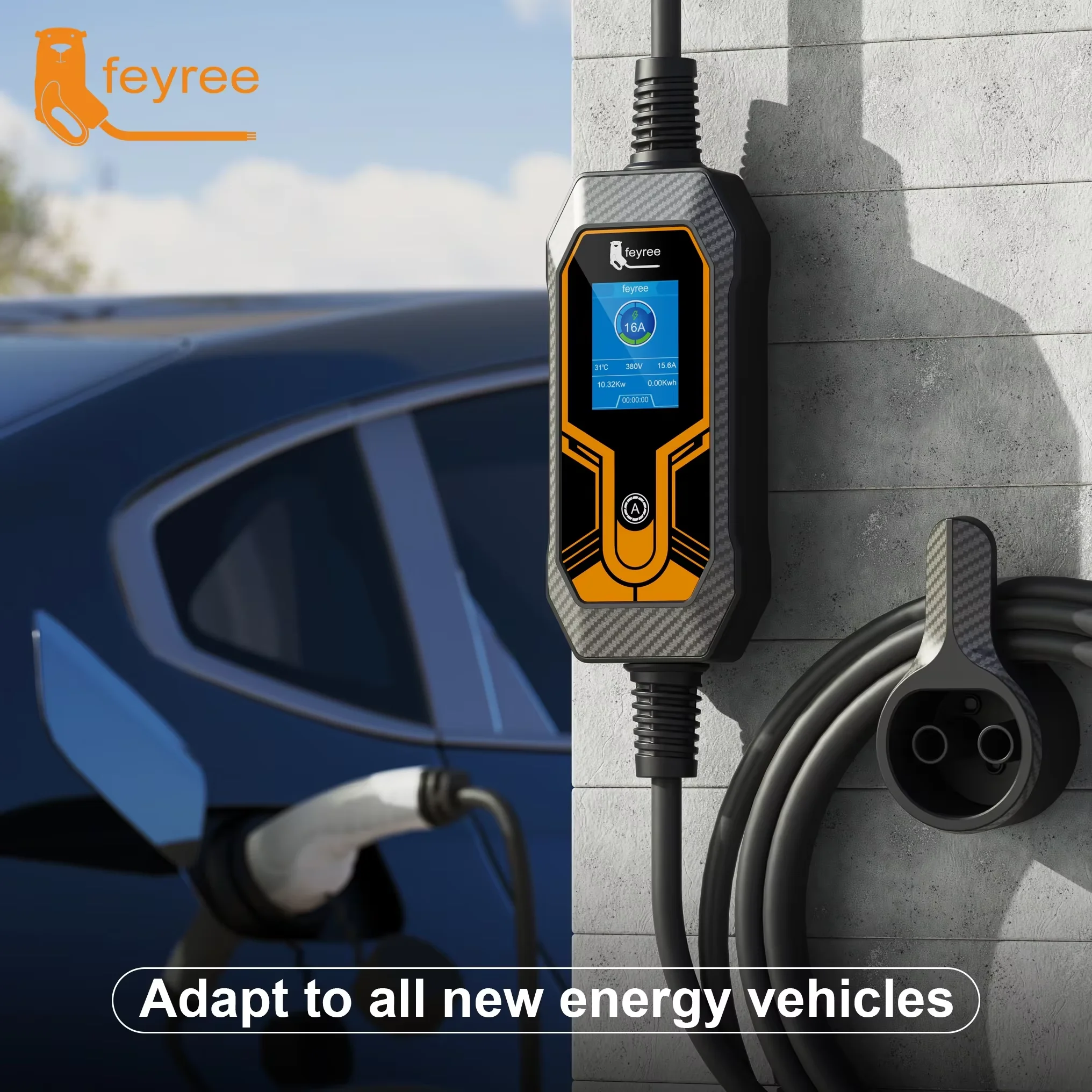 Feyree 11KW 16A 3 fases EV cargador portátil 32A 7KW Type2 5M Cable EVSE caja de carga cargador de coche enchufe CEE para vehículo eléctrico