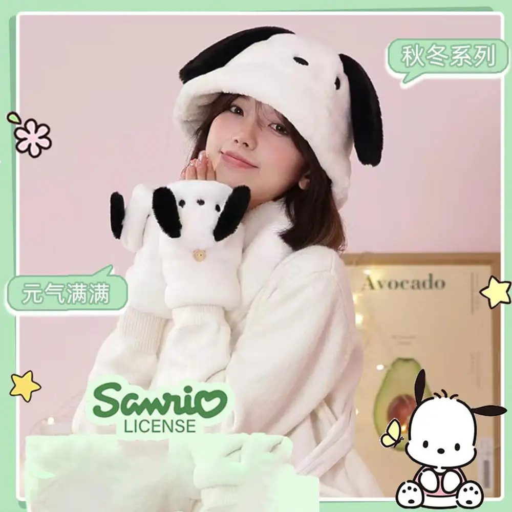 Sanrios Pochacco-guantes con tapa de felpa, orejeras, dibujos animados Kawaii, melodía Kuromi, invierno, suave, grueso, cálido, regalo de Festival para estudiantes