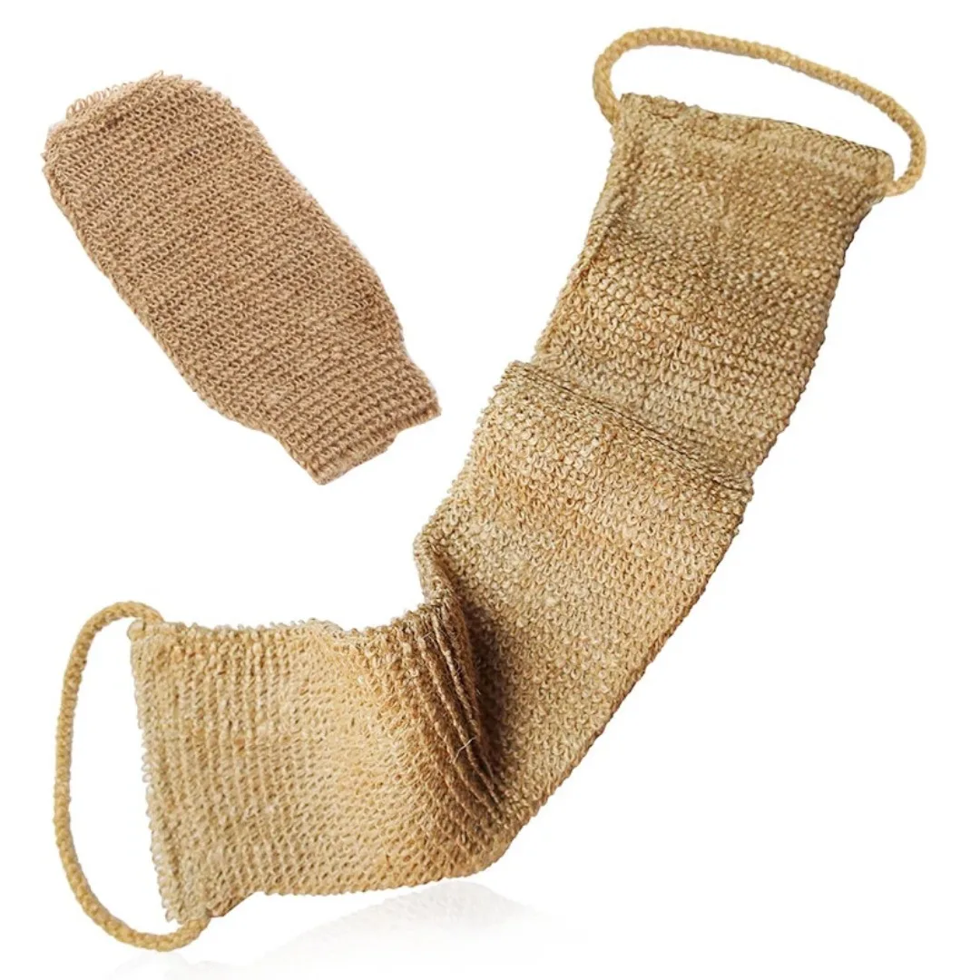 Hemp Back Scrubber Bath Towel Jute Exfoliating Loofah Back Strap with Gloves for Shower Bath Body Cleaning Kit for Bath Supplies