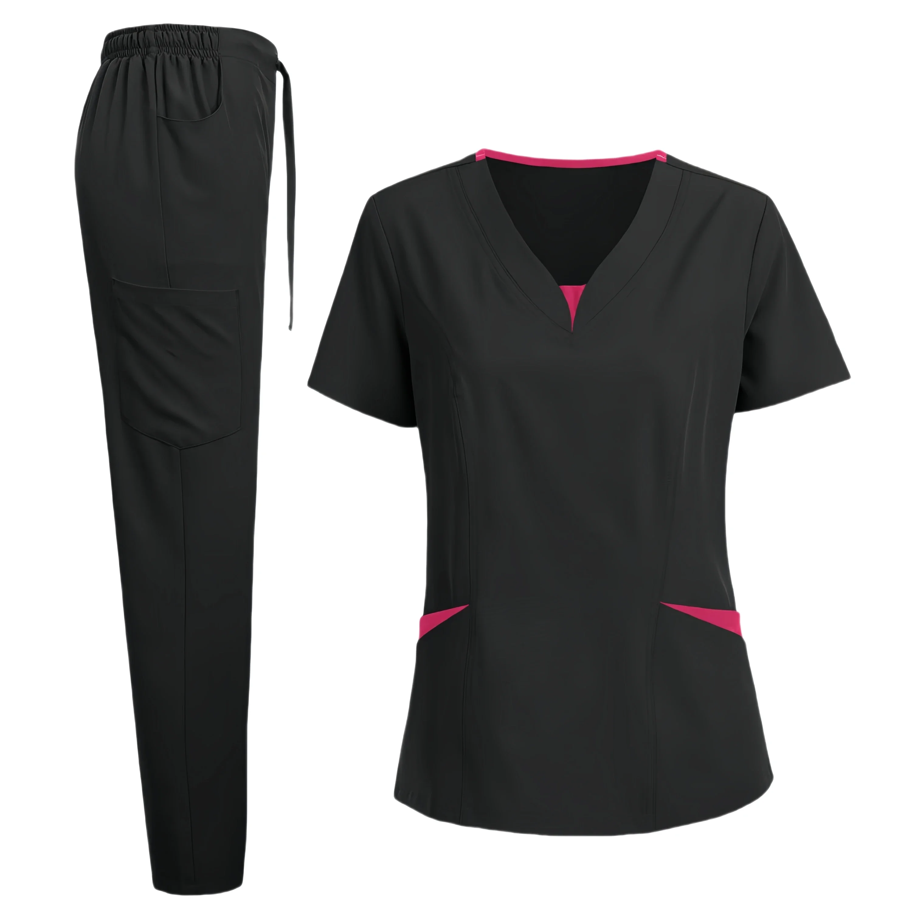 Conjunto de esfoliante para mulheres, blusas de enfermeira, moda com decote em v, plus size, blusa de enfermagem, linda cor sólida, roupa de trabalho, tops e calças