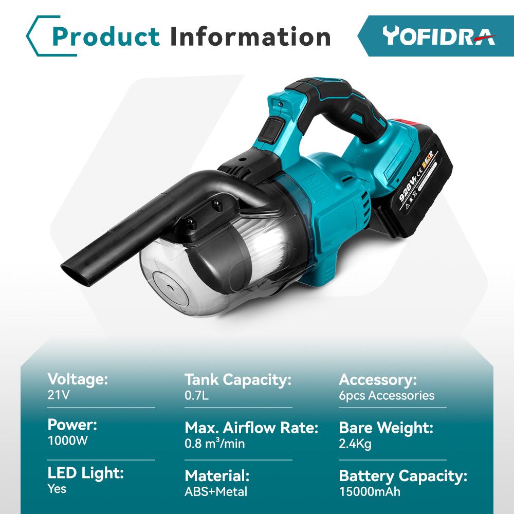YOFIDRA 1000W Draadloze Elektrische Stofzuiger Efficiënte Oplaadbare Stofvanger Schoonmaken Power Tools Voor Makita Batterij Pin