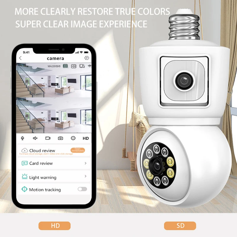 ICSEE 4K 8MP E27 bombilla WiFi cámara de doble lente pantalla Dual seguimiento automático Audio bidireccional visión nocturna en Color cámara de vigilancia de 4MP