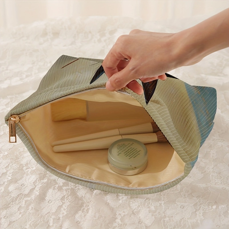 1pc，Black cat patterned corduroy makeup bag, lightweight zipper makeup storage box, multifunctional bag with lining