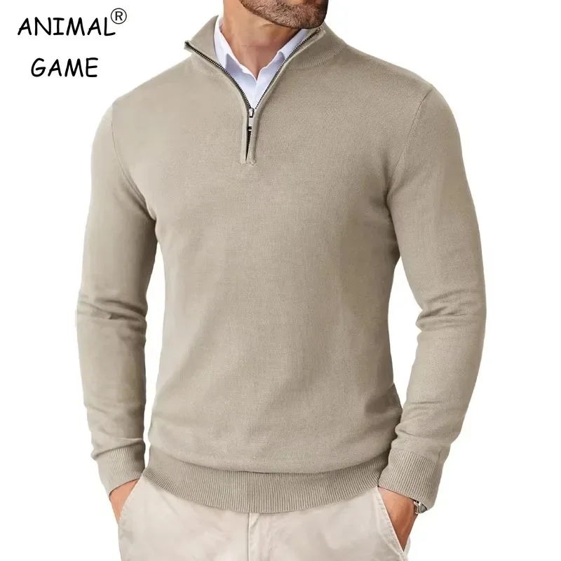 Herfst heren truien met kwartrits, slim fit, lichtgewicht outdoor-pullover met opstaande hals, halve coltrui, gebreid streetwear