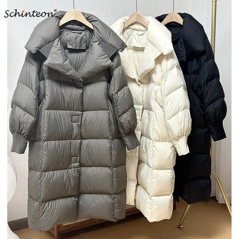 Schinteon feminino pato branco para baixo jaqueta longa outono inverno quente casual sobre o tamanho solto outwear macio e confortável moda casaco novo
