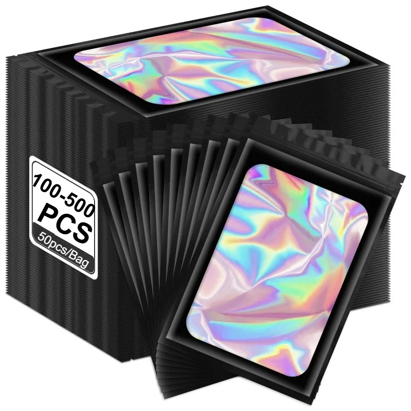 50-500Pcs Holographic Ziplock Bags Plastic Laser Iridescent Zip Bags for Manicure Eyelash Display Earrings Ring Storage Bag