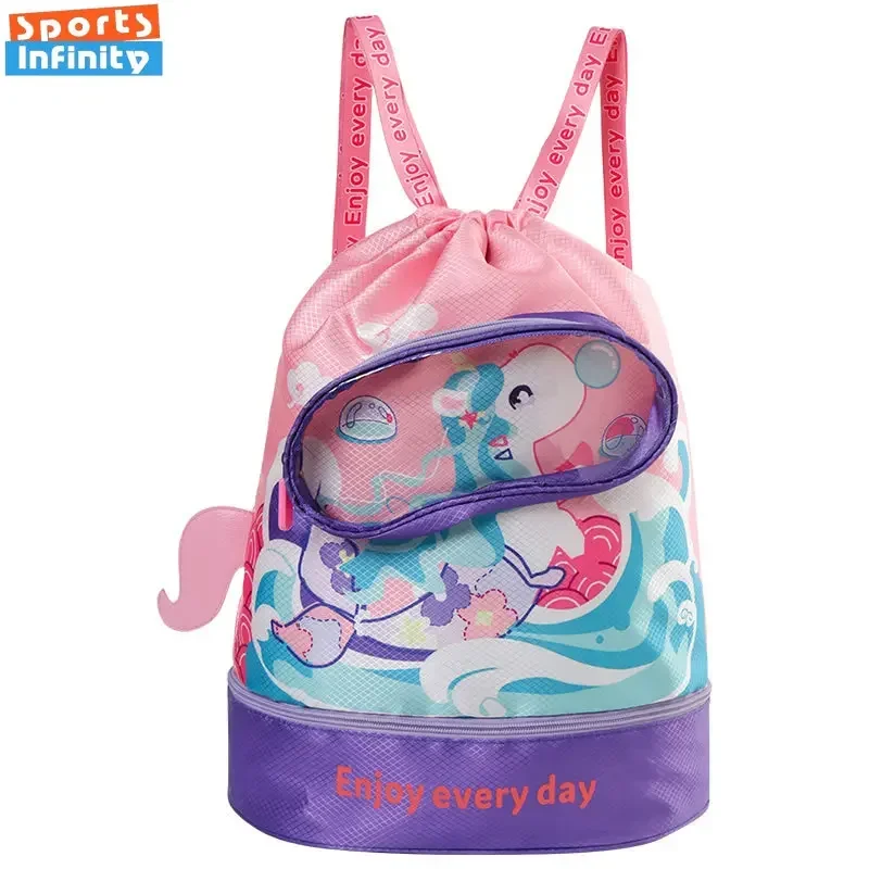 Bolsa de natación impermeable para niños, mochila de playa de dibujos animados, bolsa de gimnasio para la playa, separación seca y húmeda