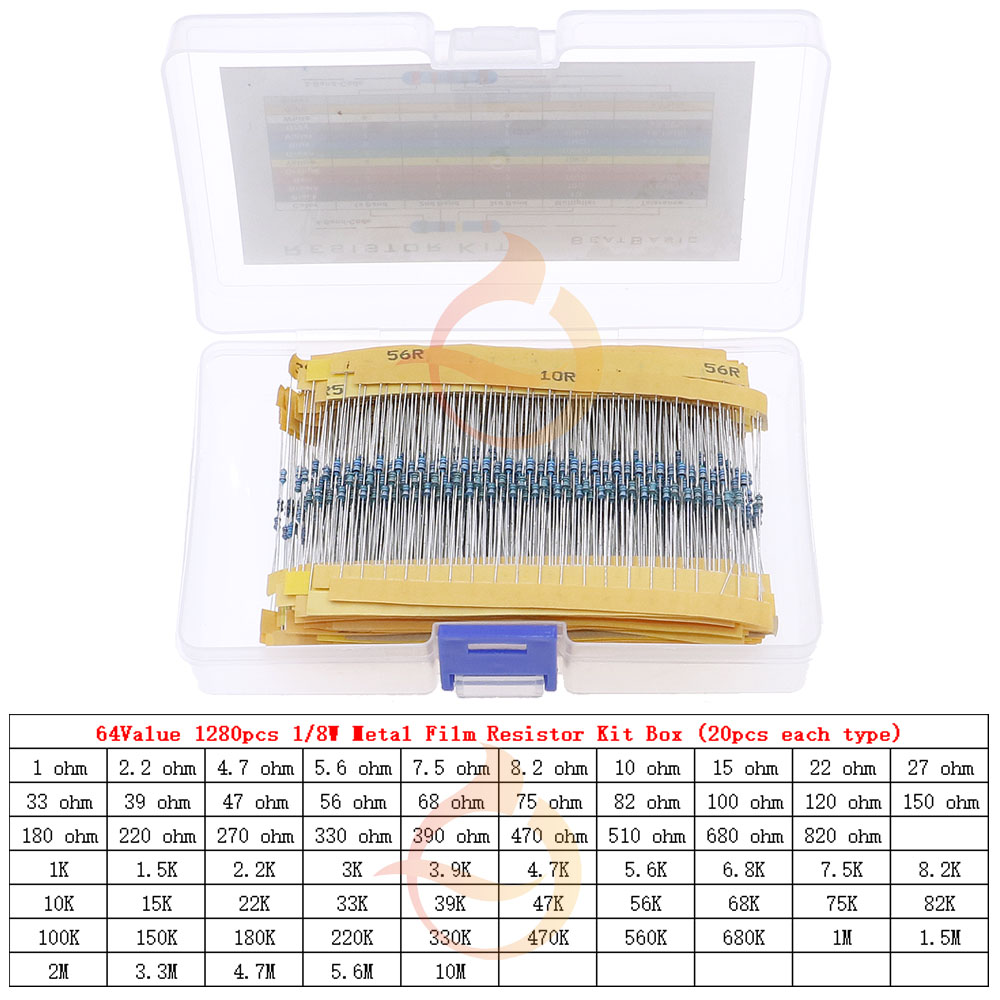 1% 금속 필름 저항 모음 키트, 박스 포함, 1/8W, 1/4W, 1/2W, 1W, 2W, 3W, 0Ω ~ 10MΩ