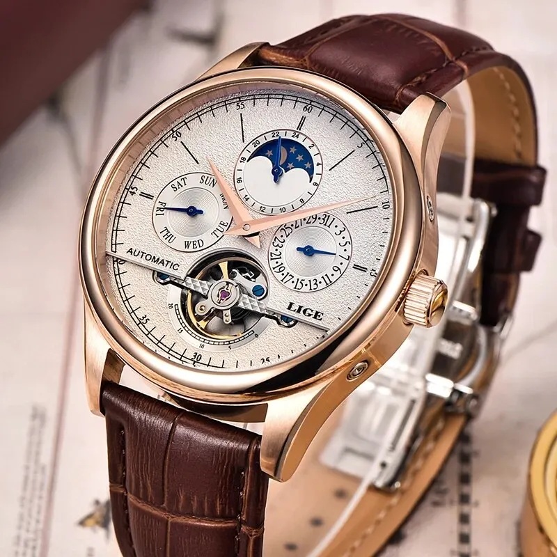 Lige นาฬิกาผู้ชายอัตโนมัตินาฬิกา Tourbillon หนังแท้กันน้ำนาฬิกาข้อมือทหารผู้ชาย