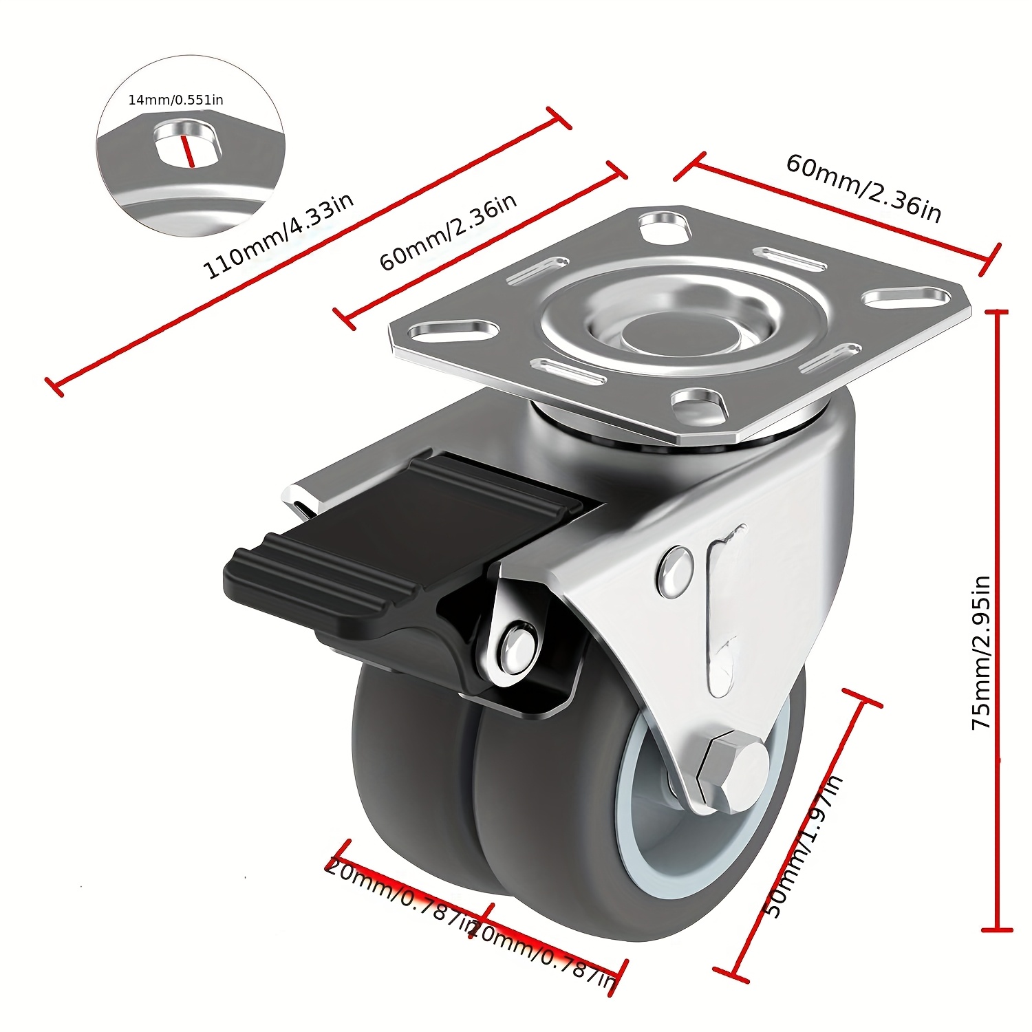 Rodízios de placa resistentes de 4 pacotes, carga de 362,87 kg, rodas giratórias silenciosas com trava, carrinho de móveis, durável, acabamento prateado