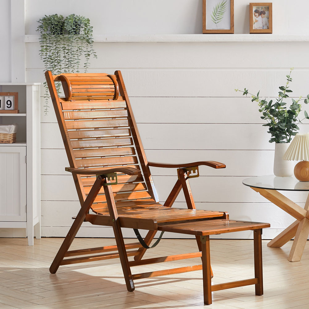 【Breeins】Bamboo Foldable Recliner Lounge Chair with Retractable Footrest Outdoor