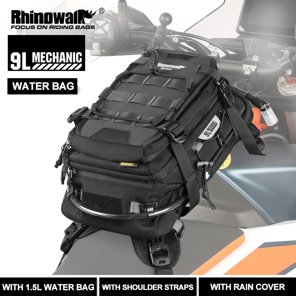 Bolsa de depósito para motocicleta Rhinowalk, mochila versátil de 9L con cubierta para lluvia y bolsa de agua de 1,5 l, sistema MOLLE, multicompartimento Universal