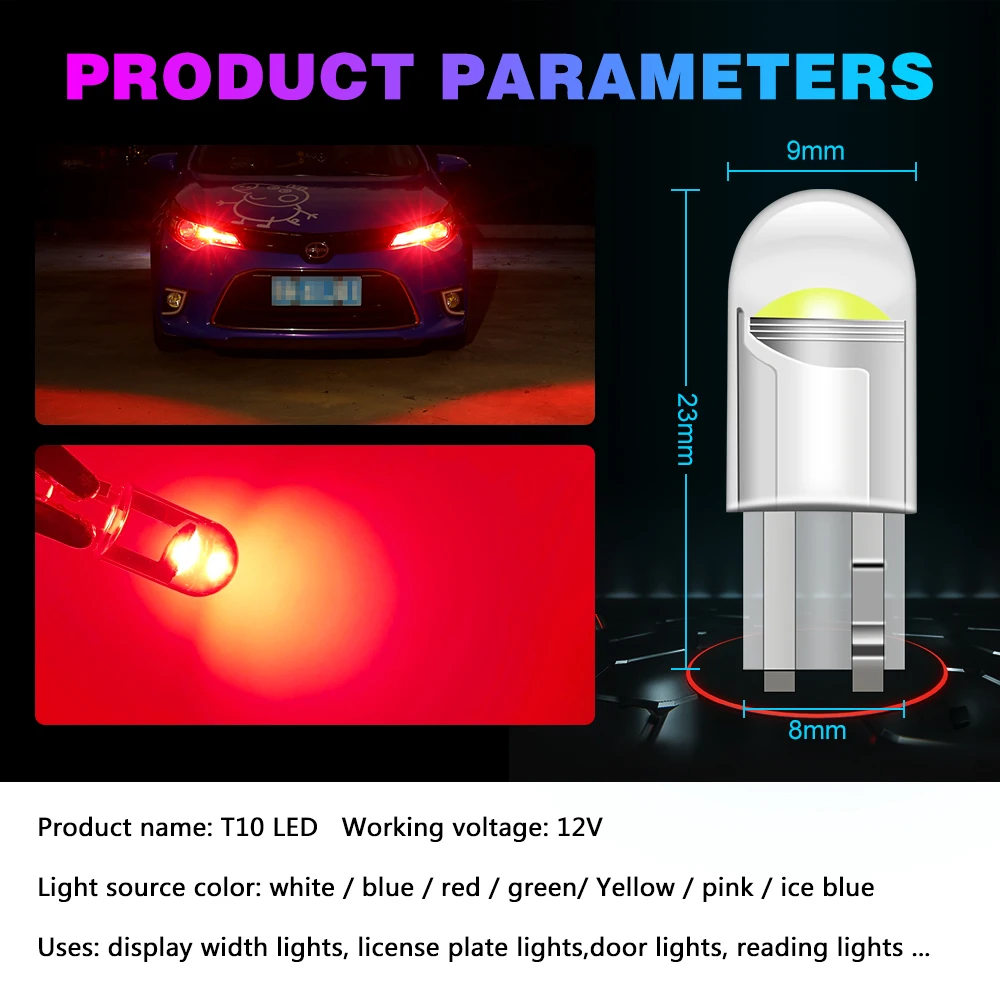 10Pcs Car LED T10 W5W Canbus Glass COB Dome Reading Bulb W5W Led Side Marker Lamp Parking Signal Lights License Plate Light