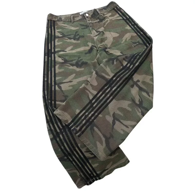 Y2k Harajuku Retro Trendy Klassieke Joggingbroek Oversized Losse Veelzijdige Wijde Pijpen Broek Straat Nieuw Gestreept Camouflage Ontwerp