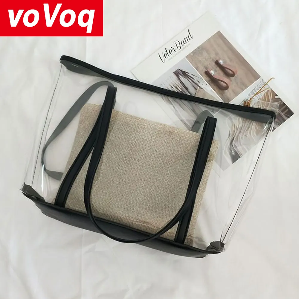 Transparente Tasche für Damen, Sommer, PVC, handgehalten, einzelne Schulter-Verbundtasche, modische Strand-Leinen-Innenfutter-Einkaufstasche