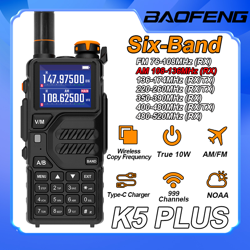 วิทยุสื่อสาร Baofeng 10W AM FM K5พลัส10W AM FM ความถี่สูงสำเนาแบบไร้สาย999CH C NOAA รีโมทแบบพกพาได้2ทาง