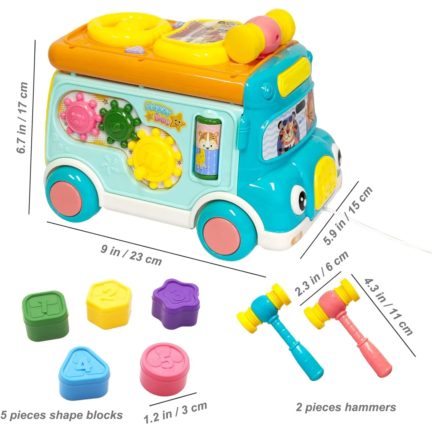 Ônibus para crianças, brinquedo de bebê com som e luz, classificador de formas, brinquedos Whack-a-Mole, jogo interativo, ônibus escolar de desenhos animados para crianças