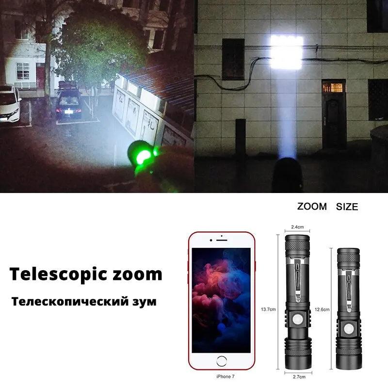 Lanternas led de alta potência com zoom, tocha de acampamento com contas de lâmpada led t6, à prova d'água, 4 modos de iluminação, carregador usb multifuncional