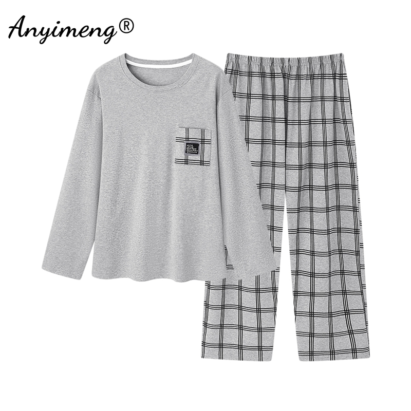 Conjunto de pijamas grandes de talla grande para hombre gordo, ropa de dormir de algodón tejida, pijama para padre, jersey de manga larga, trajes de ocio para el hogar, L-6XL