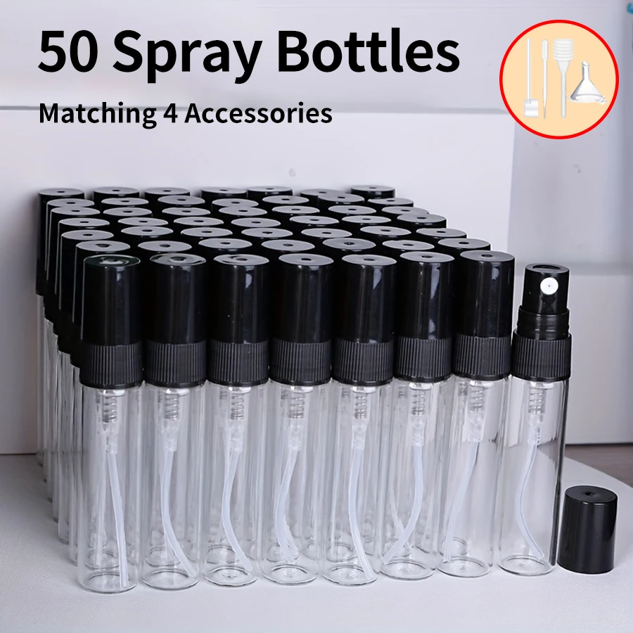 50 peças + 4 acessórios mini frascos de spray de 5ml, com 50 frascos de spray, 1 funil, 1 pipeta, 1 dispensador, 1 pipeta com mola