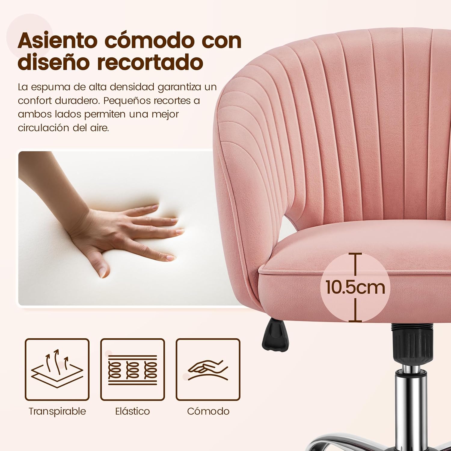 de Oficina Terciopelo Silla con Rudas para Trabajo Altura Ajustable Tapizada de Terciopelo Ro