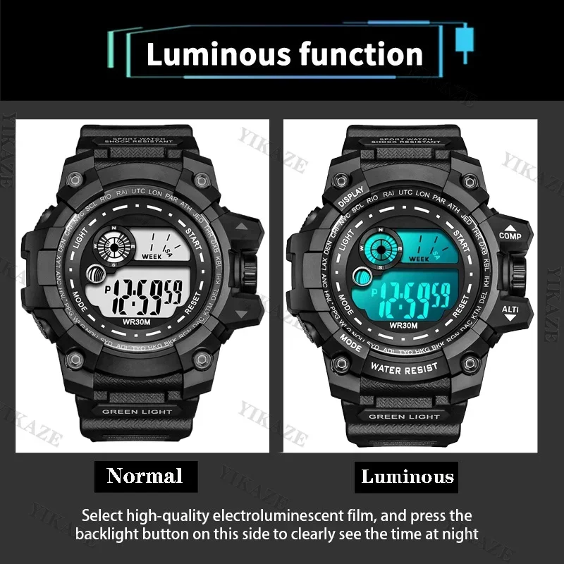 Reloj deportivo YIKAZE para hombre, reloj Digital LED resistente al agua, relojes deportivos de Fitness con esfera grande, reloj de pulsera electrónico multifunción para hombre