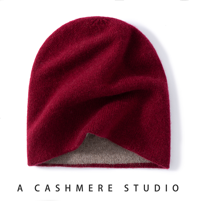 Nahtlose, doppellagige, zweifarbige Kaschmir-Mütze, 100 % Kaschmir-Punktgarn, gestrickte Zehenkappe, warme Mütze für Herren und Damen
