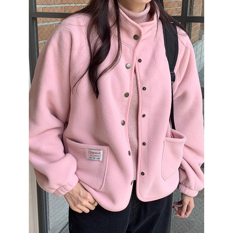 Chic Double-Sided Fleece Outerwear Women's Loose Long Sleeve Stand Collar Single Button Jacket Autumn Winter Commute Sle