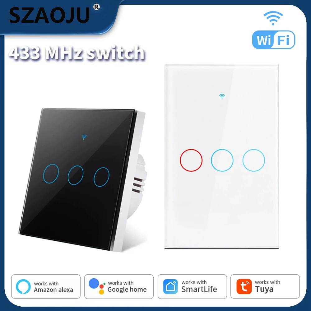 Tuya US/EU WiFi Smart Wall Switch RF433 1/2/3 Gang No Neutral Wire Touch Sensor LED Light Switche Smart Home Alexa Google Home