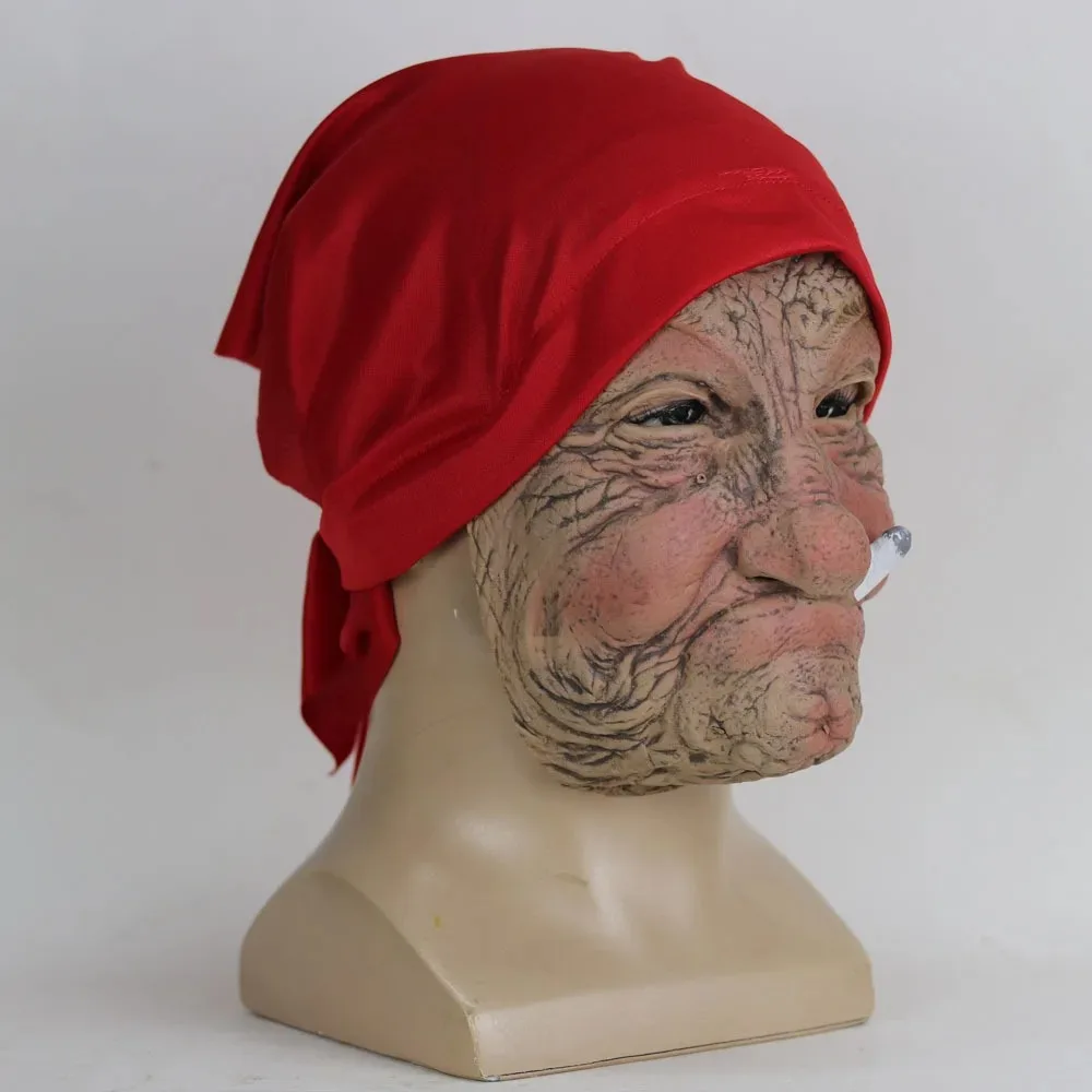 Divertente fumatori nonna vecchio Nana maschera in lattice signora nonna con viso rugoso e sciarpa rossa maschere puntelli per costumi da festa di Halloween