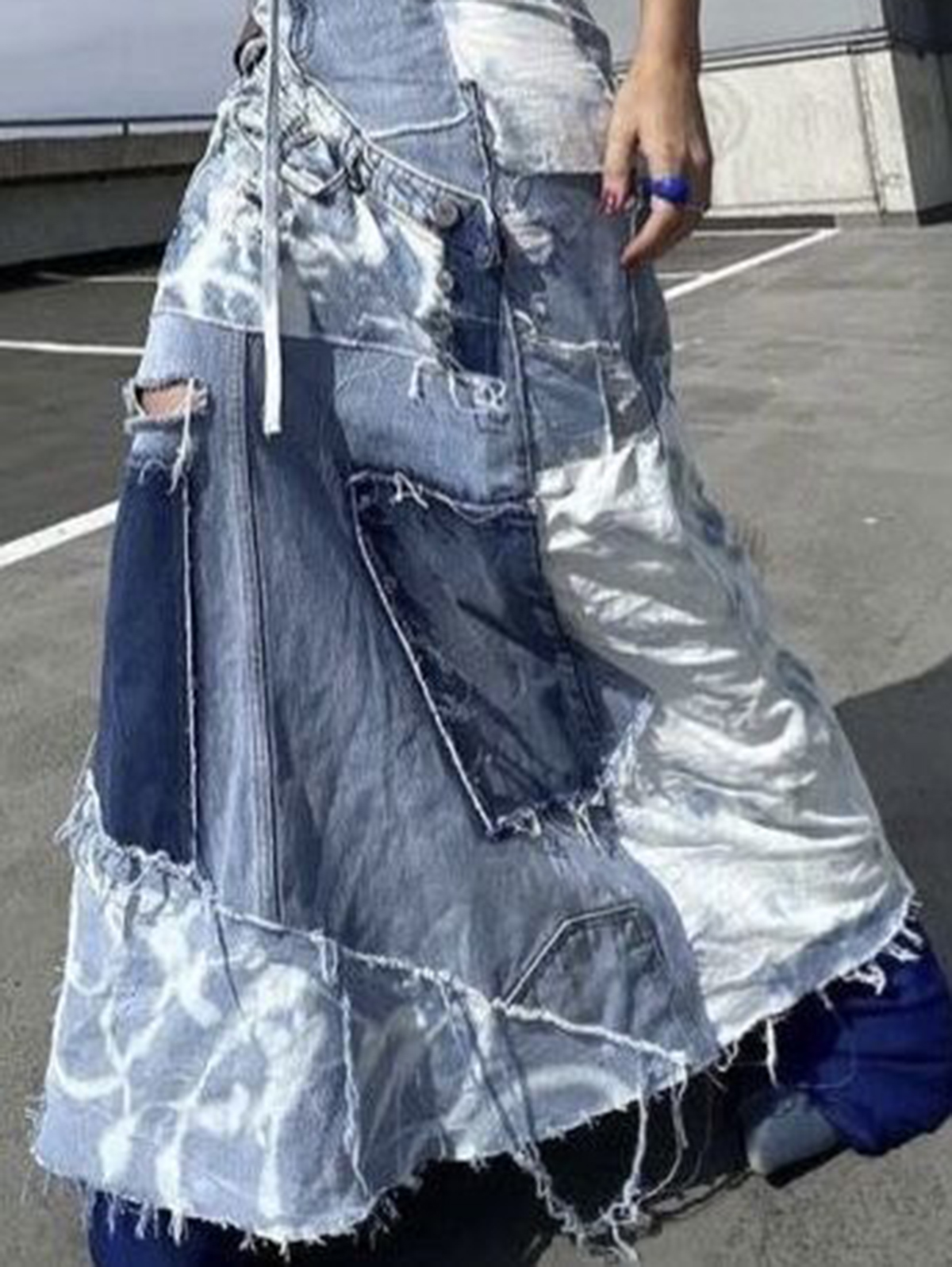 Denim-Patchwork-Rock für Damen, Sommer, Herbst, 2023, New Ripped Raw Trim, Kontrastfarbe, vielseitige A-Linie, knöchellange Maxiröcke