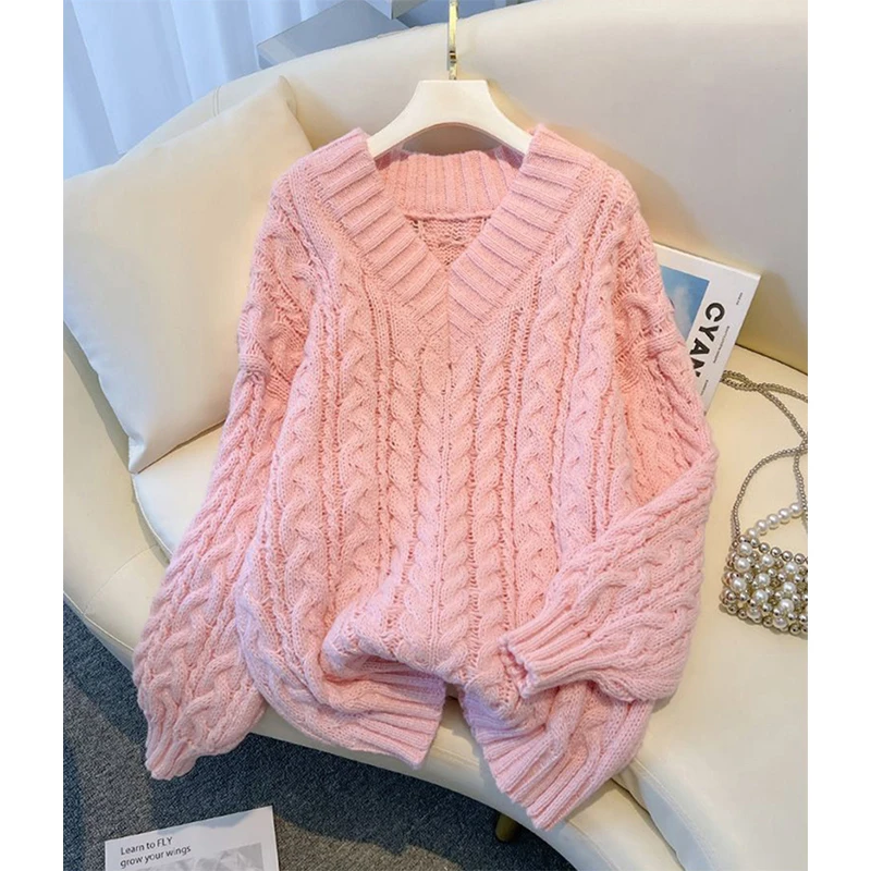 Mexzt harajuku camisola feminina moda oversized rosa com decote em v pulôveres de malha coreano manga longa malhas inverno casual jumpers