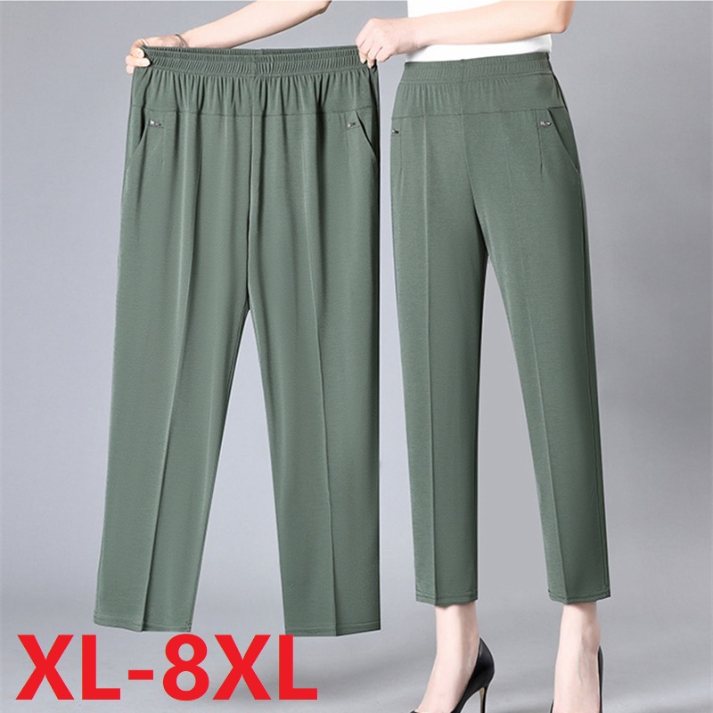 Calças femininas de meia idade 2023 novo verão fino cintura alta elástica solta calças retas femininas calças casuais 5xl 6xl 7xl 8xl