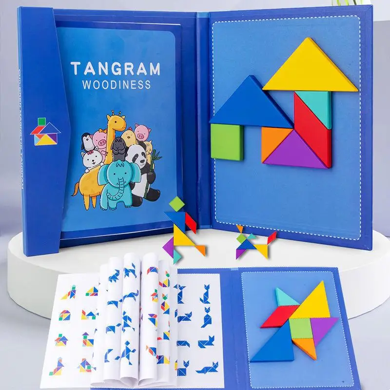 Forme geometriche magnetiche 3D Tangram Jigsaw Board Puzzle Libro Bambini Giochi Montessori Giocattoli educativi in legno per bambini Regali per bambini