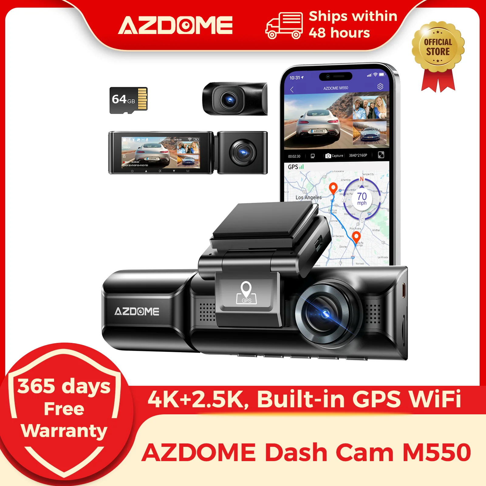 AZDOME Dash Cam M550 4K + 2,5 K GPS incorporado WiFi cámara de salpicadero de coche parte delantera interior trasera 3 vías IR visión nocturna coche DVR soporte cámara trasera