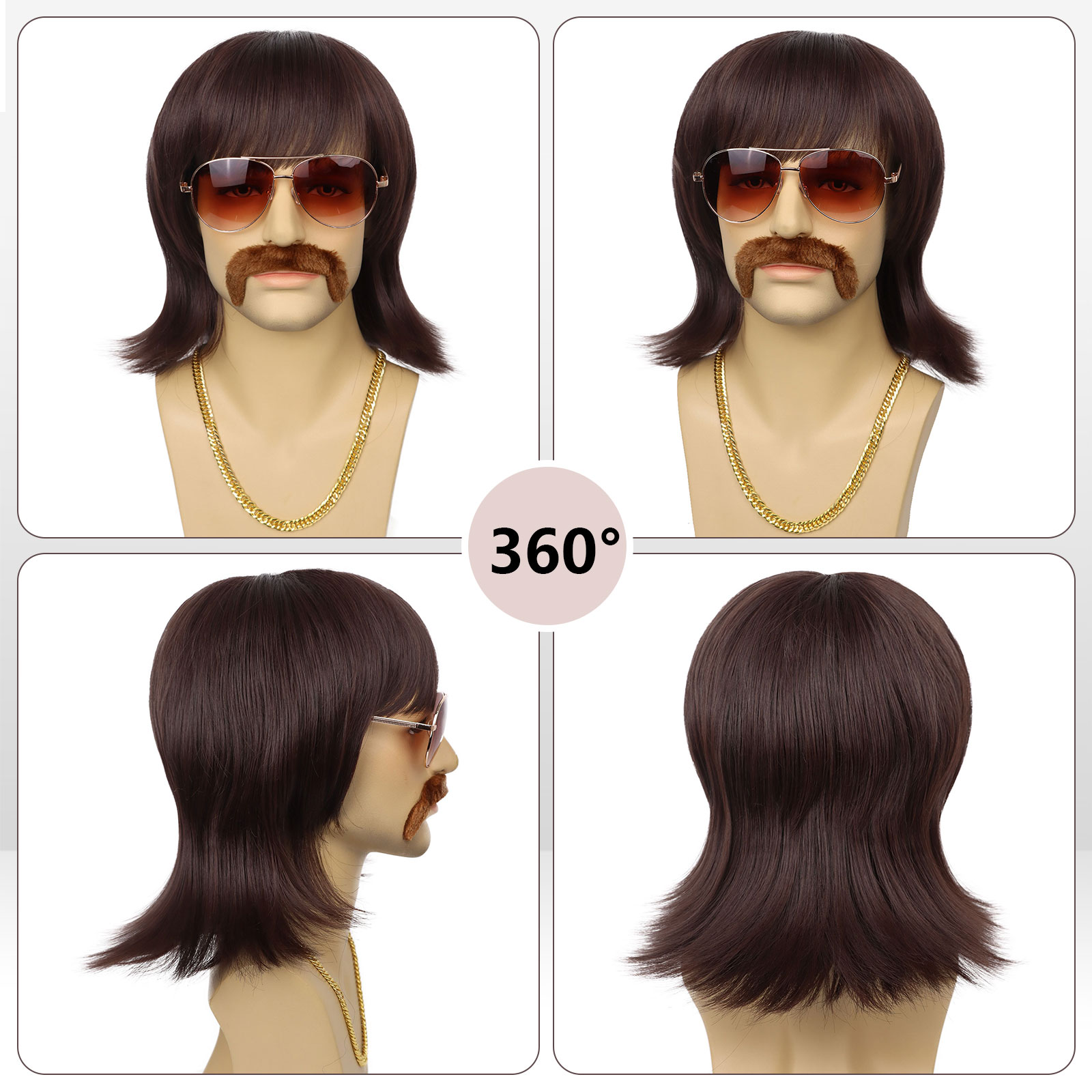 สังเคราะห์ Mullet วิกผมสั้น 70s Disco ชุดสําหรับวิกผมผู้ชายหนวดแว่นตาและโซ่ 60s นักร้อง Rocker ฮิปปี้คอสเพลย์ฮาโลวีน