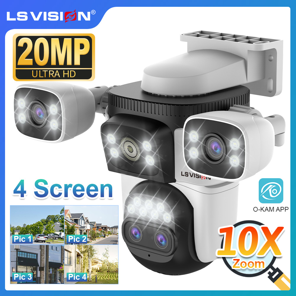 LS VISION 20MP cuatro pantallas WiFi cámara de seguridad al aire libre 10X Zoom óptico cuatro lentes humano seguimiento automático cámaras CCTV impermeables
