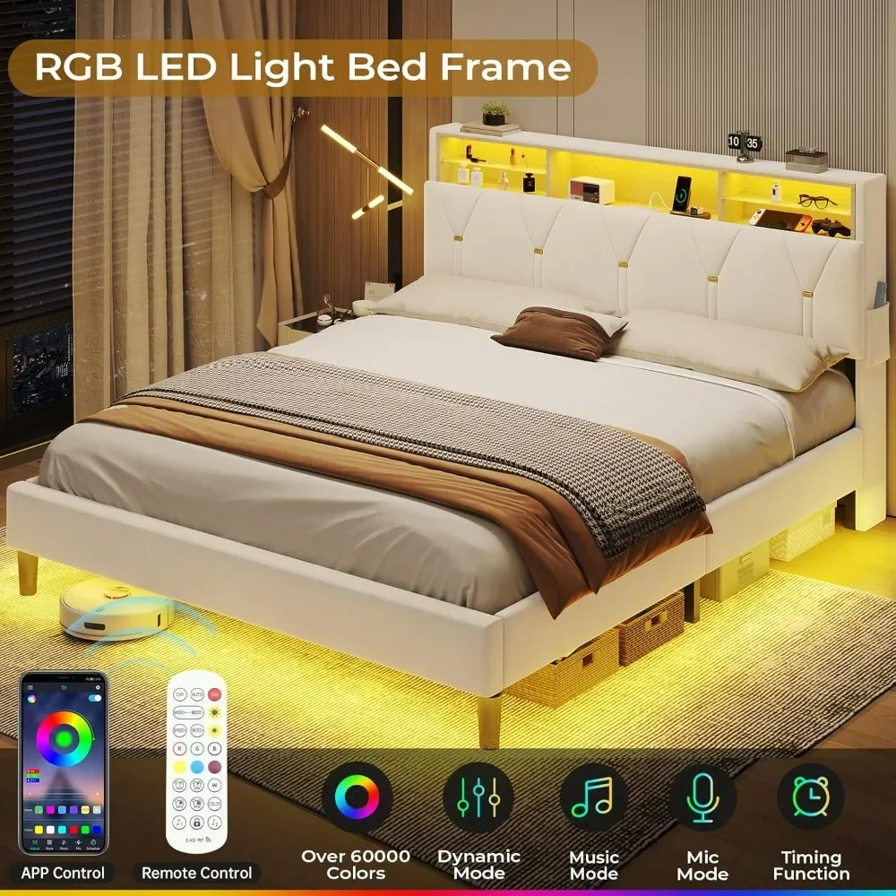 Full Size Bed Frame with Headboard Storage & LED Lights, with Charging Station, Velvet Upholstered Bed with Shelf Headboard