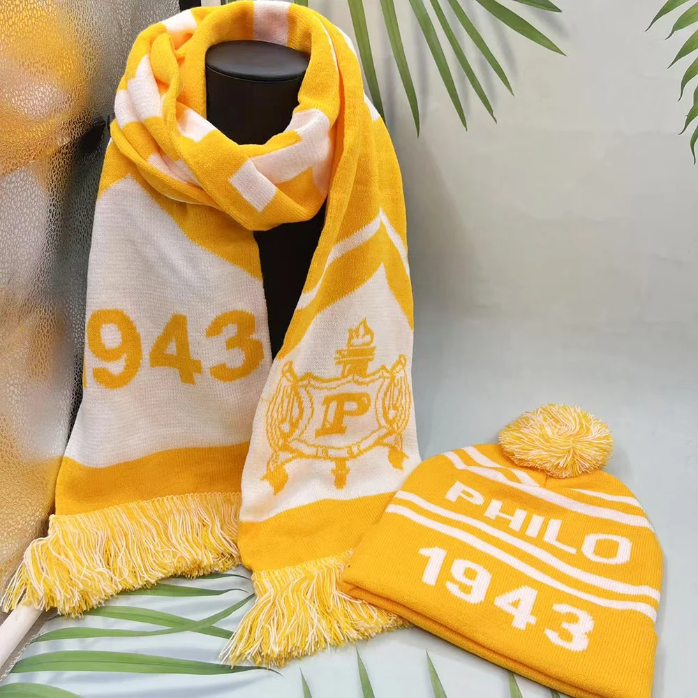 Regalo de fiesta del club de la Academia griega PHILO 1943 Conjunto de sombrero y bufanda blanca amarilla