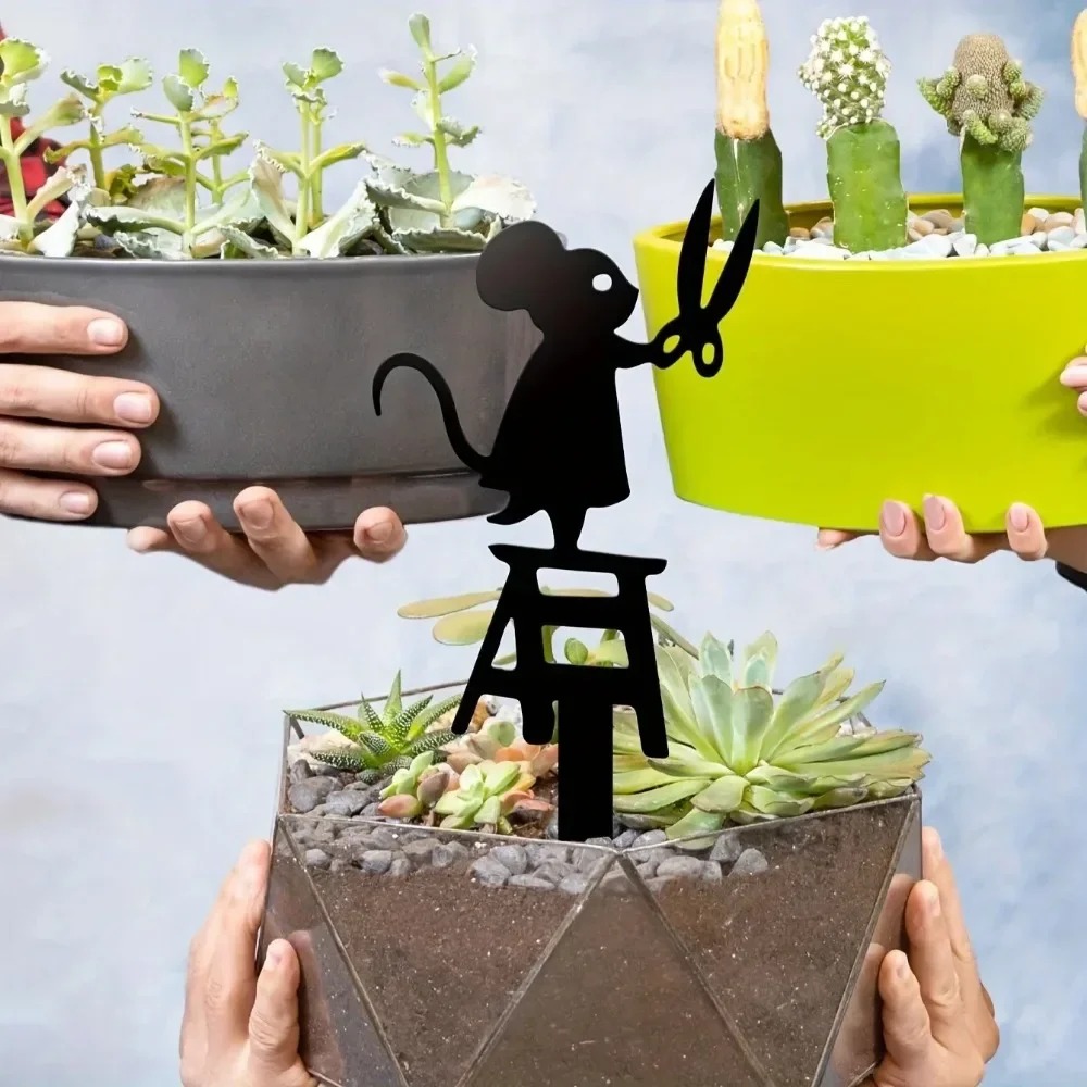 1pc silhouette metal garden post with scissors mouse design, art deco lawn sign, creative animal sculpture decorations