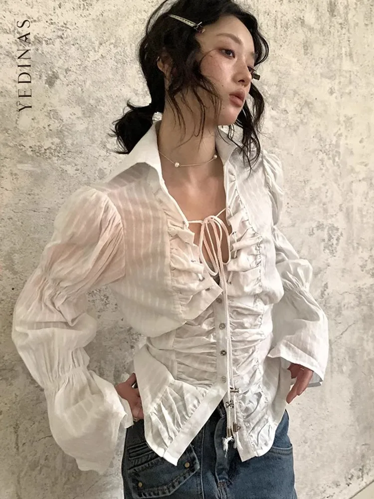Yedinas Fairycore Style Blouse Women Clothes Flare Sleeve Lace Up Single Breasted Bowknot Shirt Women Tops 2023 Autumn Chic Y2k