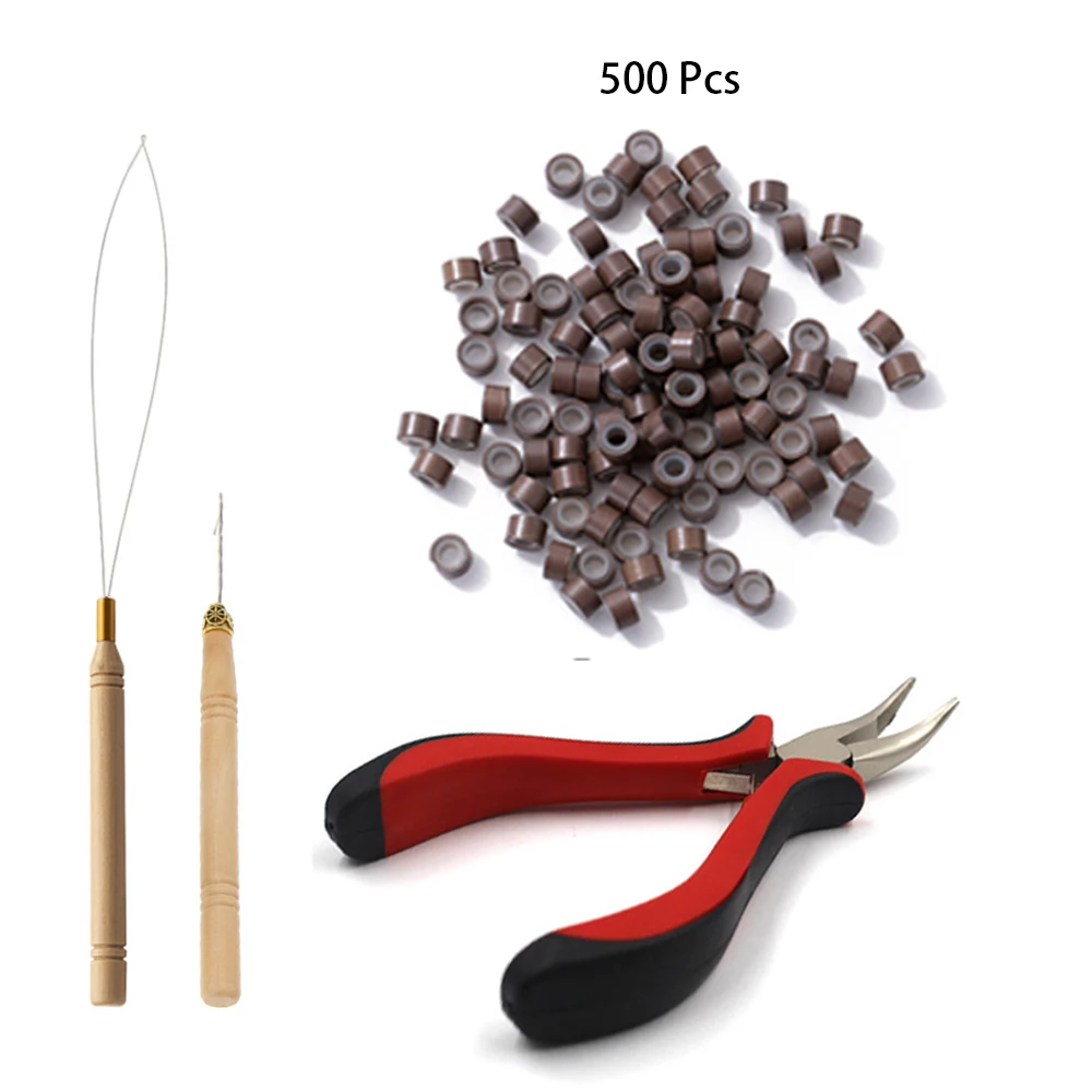 Extensões de cabelo contas ferramentas kit extensões micro puxando agulha, loop threader & 500 peças silicone forrado micro anéis