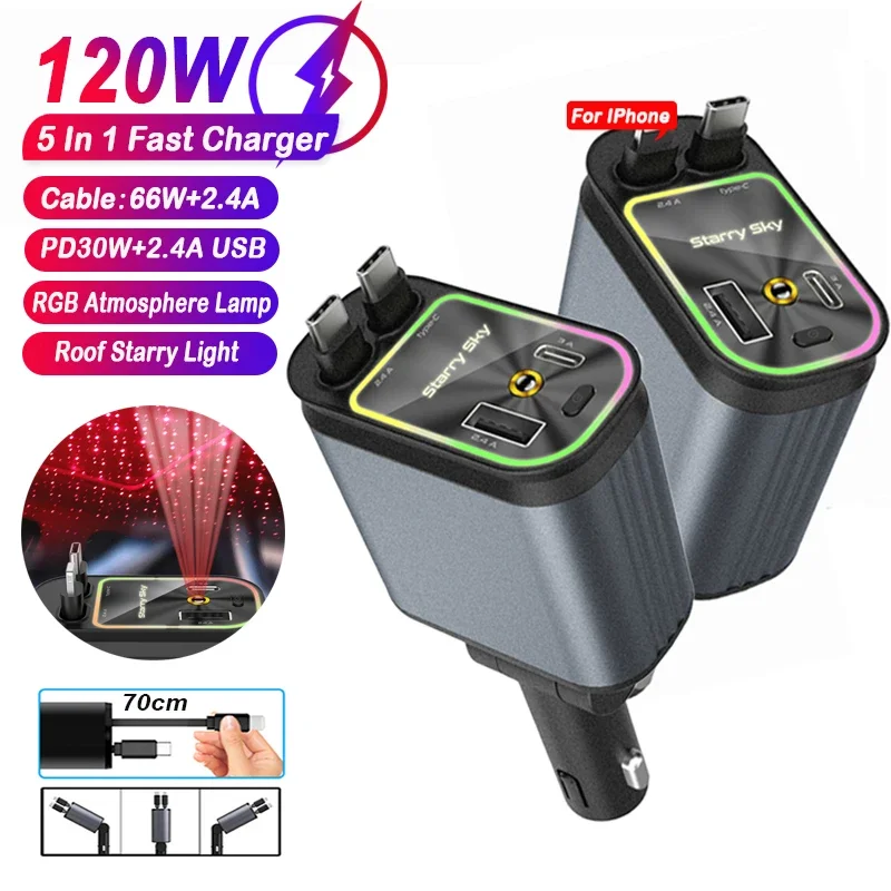 Carregador de telefone retrátil 4 em 1 para carro 120W com cabo USB C Lightning Telhado Starlight Carregamento rápido para telefones IPhone Samsung