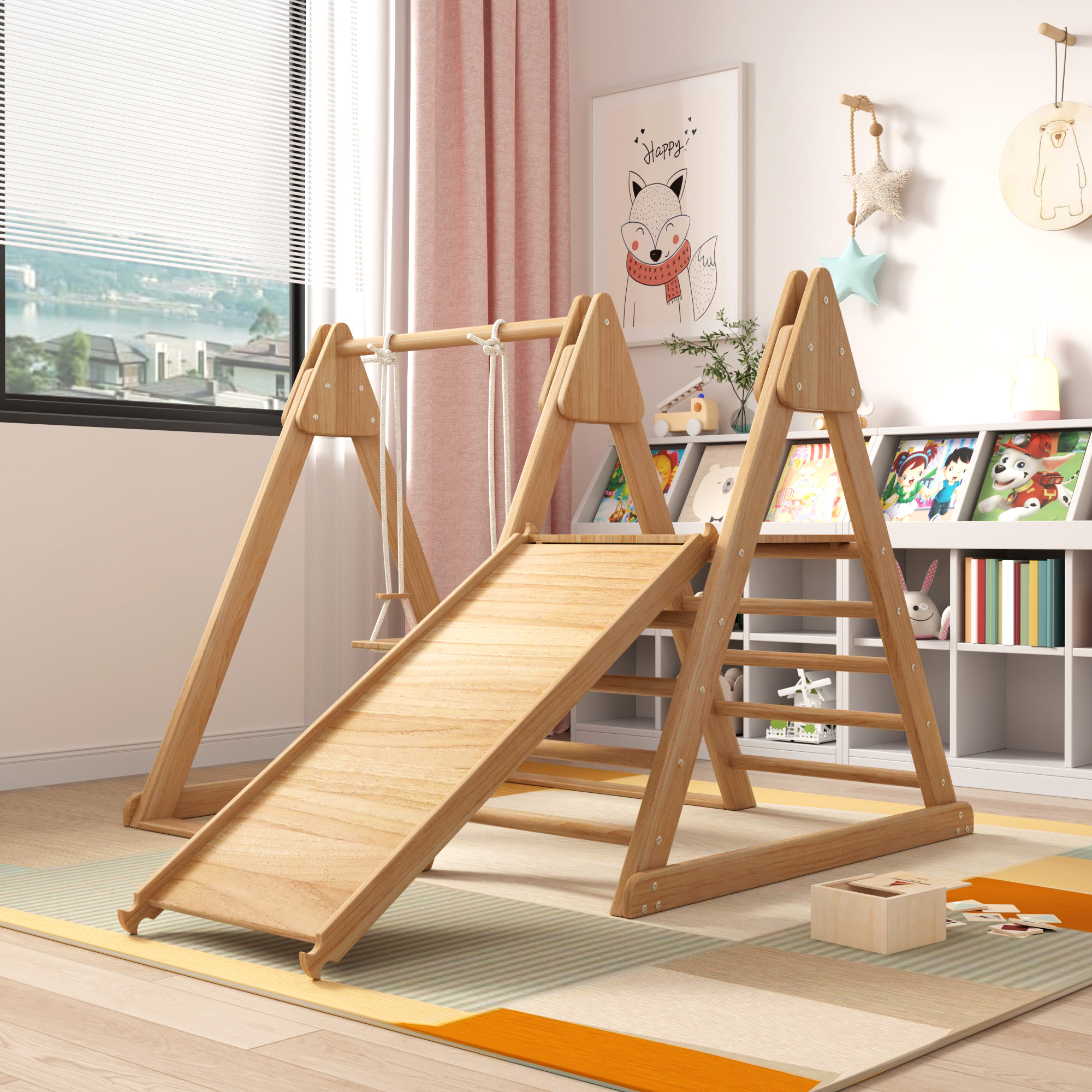 Slide and swing for children, wooden toys for children Made of solid pine, plywood 3 in 1 children's toy with climbing scaffold